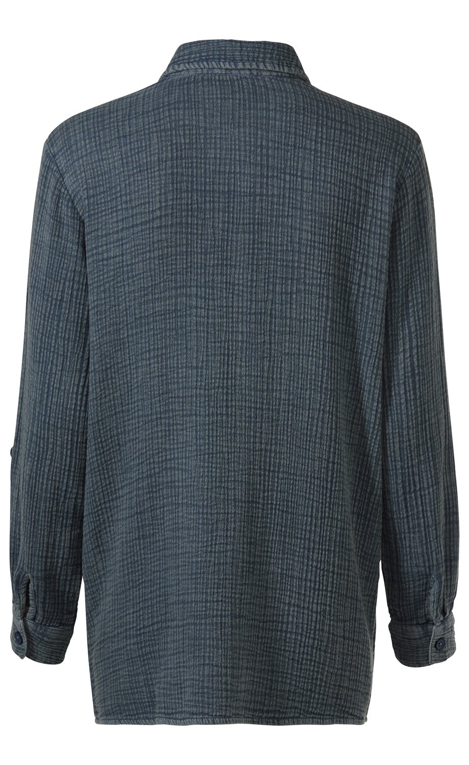 Baumwoll-Bluse in Dunkelblau mit feinem kariertem Muster, Rückansicht, langärmlig mit Manschetten und Knöpfen, locker geschnitten, umgeschlagener Hemdkragen