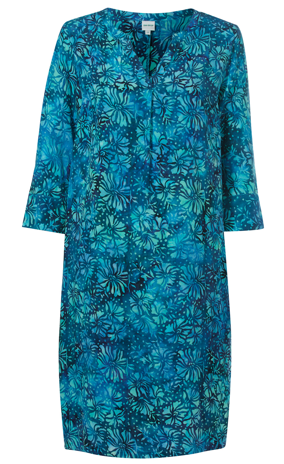 Blau-grünes Viskose-Kleid mit 3/4-Ärmeln, floralem Batikmuster, V-Ausschnitt und gerade geschnittenem Saum, Größe 36.