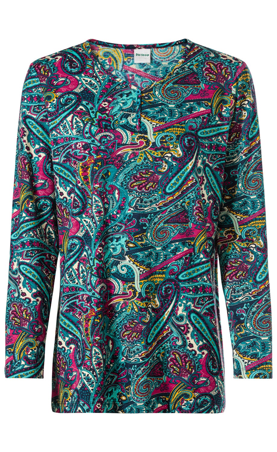 Baumwoll-Shirt mit langem Arm und Henley-Ausschnitt, buntes Paisley-Muster in Pink, Türkis, Gelb und Weiß