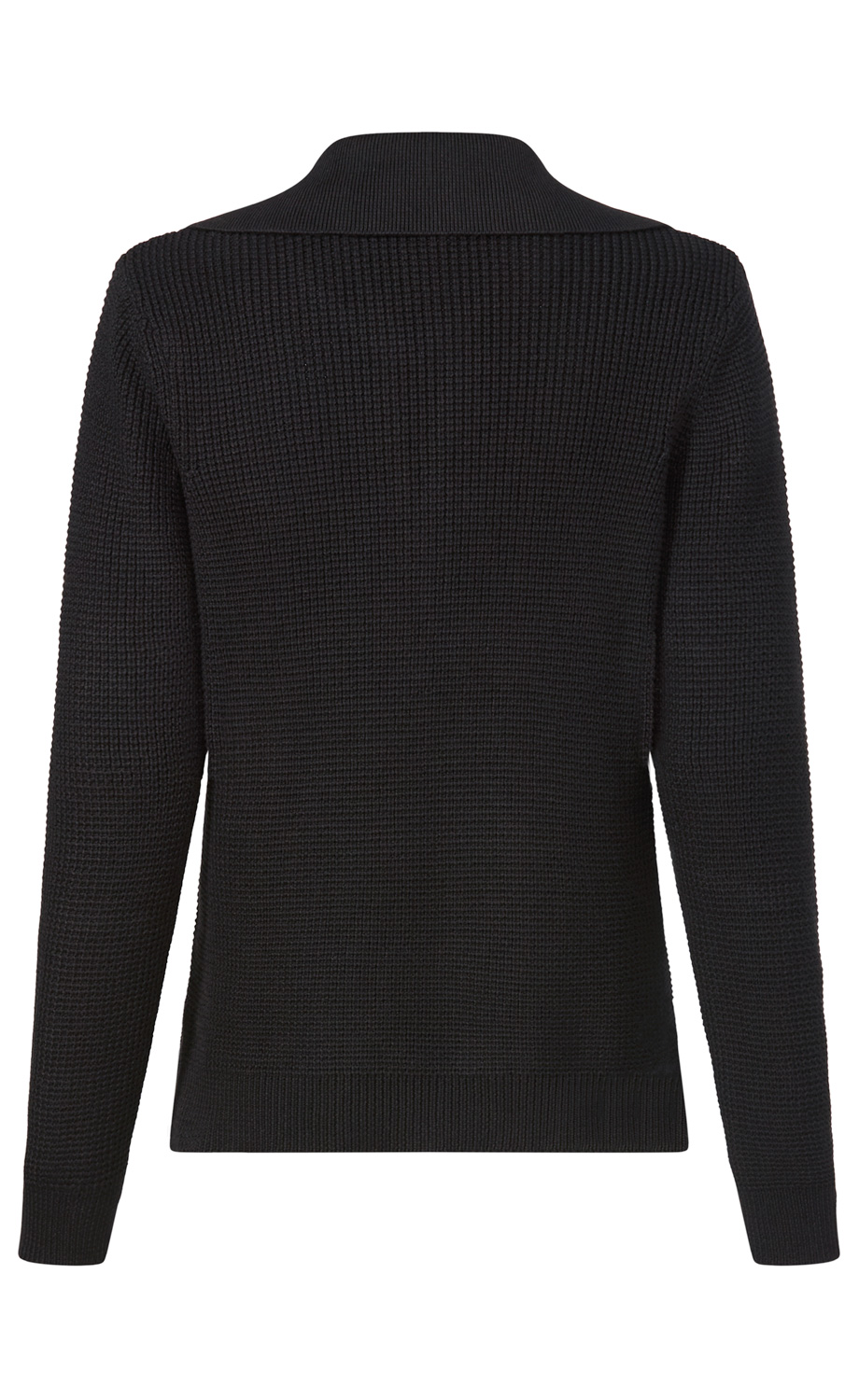 schwarzer Strickpullover mit langem Arm und weitem, hohem Kragen, strukturierte Waffel-Strickmuster, ohne sichtbare Verschlüsse, Rückenansicht, gerader Saum
