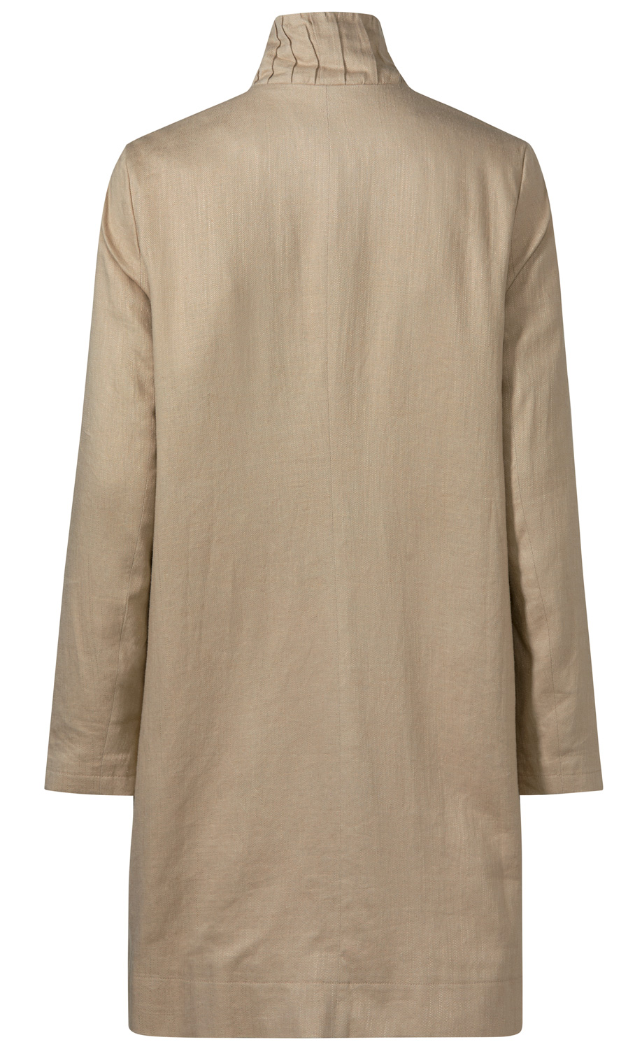 Beige Viskose-Mix-Jacke für Damen, Rückansicht, mit Stehkragen, langen Ärmeln und geradem Schnitt, glatte Struktur, knielang