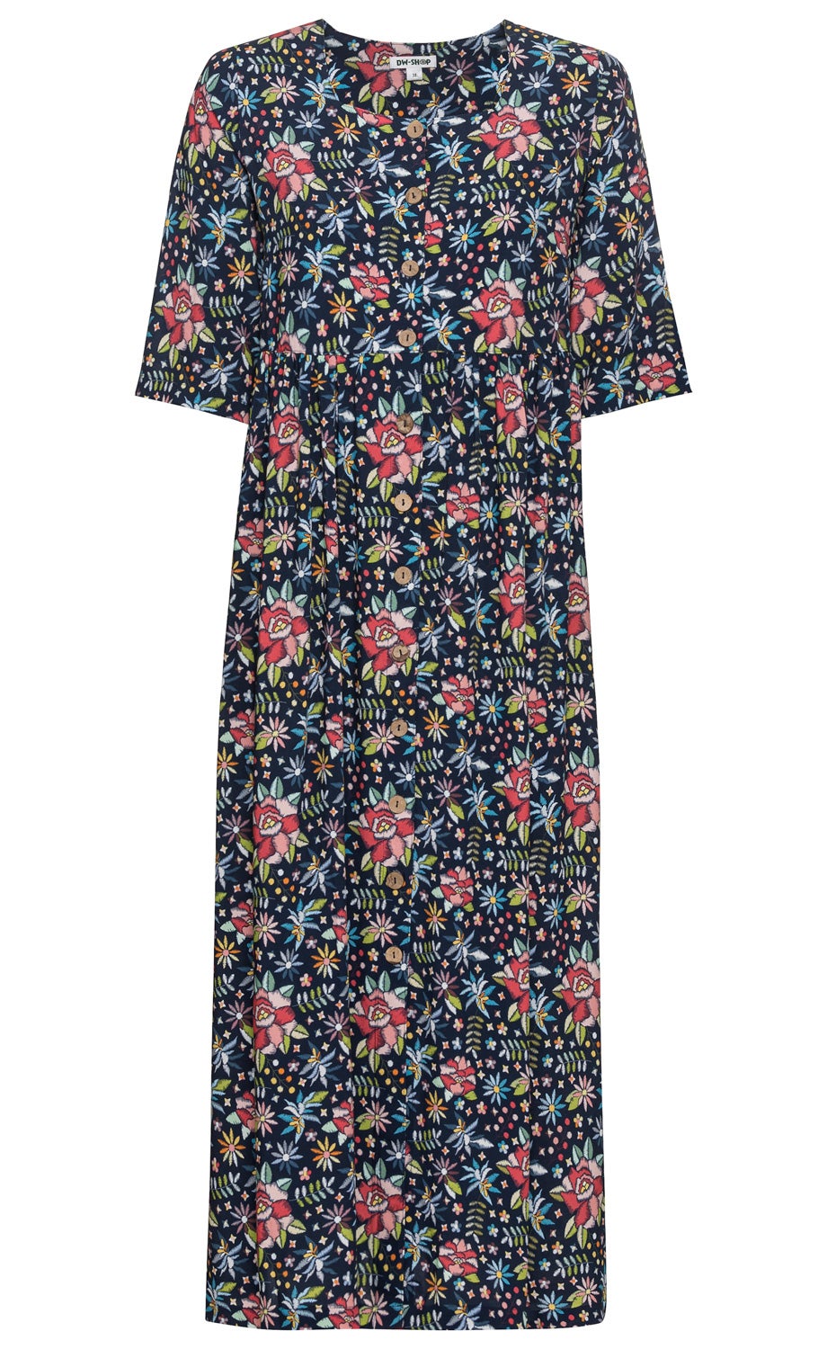 Viskose-Kleid mit knielangem Schnitt, 3/4-Ärmeln, dunkelblauem Hintergrund und buntem Blumenmuster, durchgehende Knopfleiste vorne und leicht taillierter Bund.