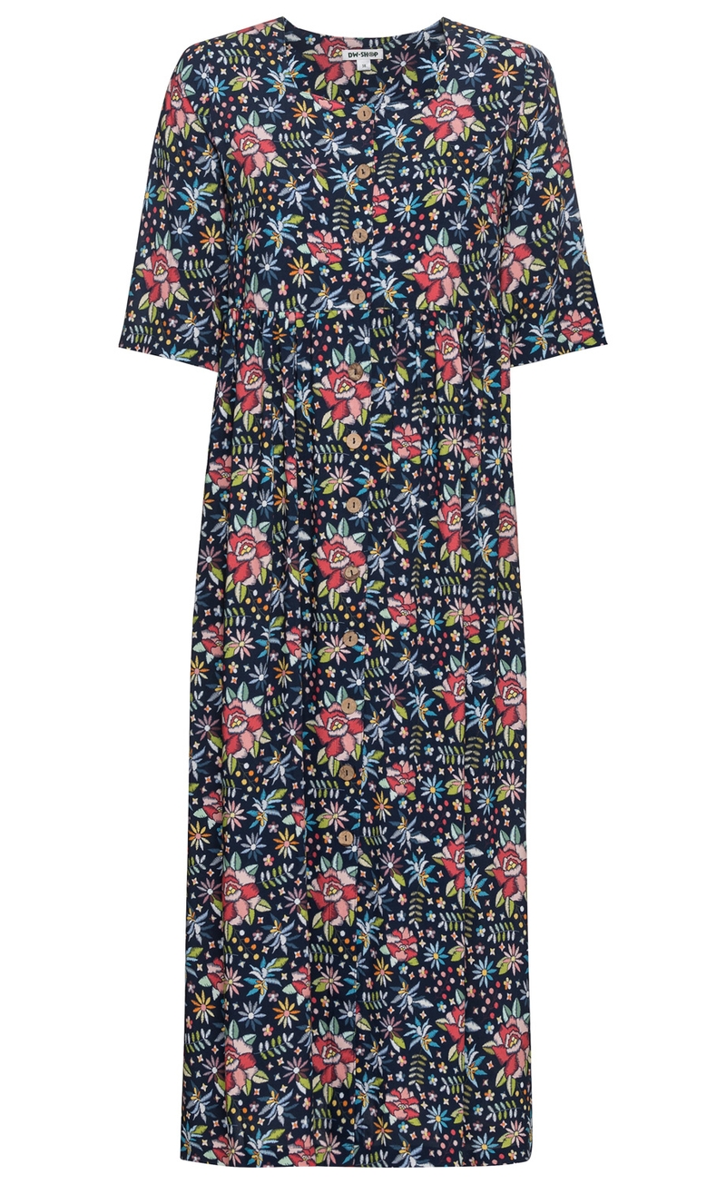 Viskose-Kleid mit knielangem Schnitt, 3/4-Ärmeln, dunkelblauem Hintergrund und buntem Blumenmuster, durchgehende Knopfleiste vorne und leicht taillierter Bund.