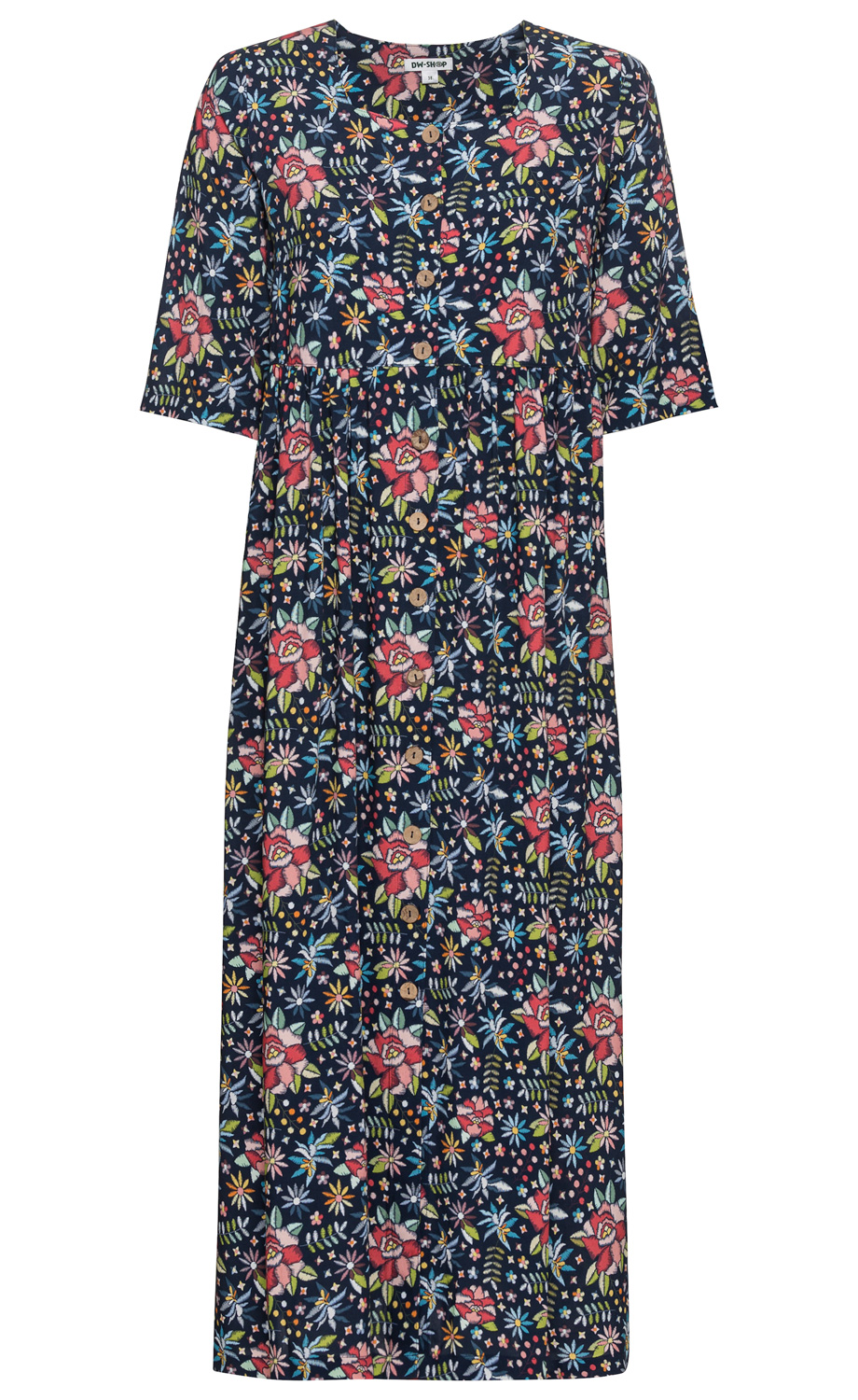 Viskose-Kleid mit knielangem Schnitt, 3/4-Ärmeln, dunkelblauem Hintergrund und buntem Blumenmuster, durchgehende Knopfleiste vorne und leicht taillierter Bund.