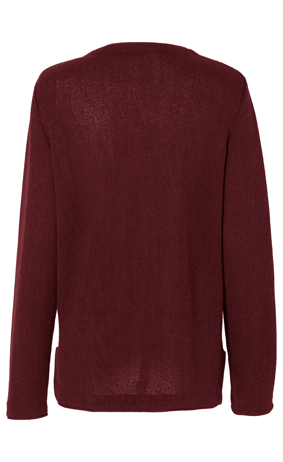 Alpaka-Jacke in Bordeauxrot, grob gestrickt, mit langen Ärmeln, geradem Schnitt, offene Vorderseite nicht sichtbar, Rückansicht, leichte Struktur des Stoffes erkennbar, schlicht ohne Muster oder Verzierungen