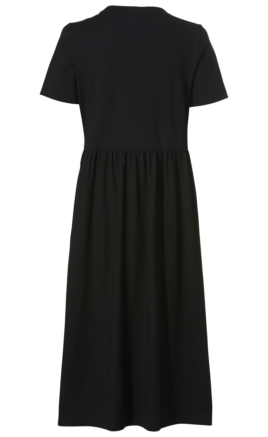 Schwarzes Baumwollkleid mit kurzen Ärmeln, rundem Ausschnitt, hochgesetzter Taille und weitem, gerafftem Rock, Rückansicht