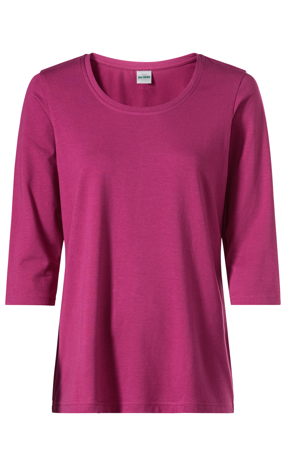 Baumwoll-Shirt in kräftigem Pink mit 3/4-Ärmeln und rundem Halsausschnitt, schlichtes Design ohne Muster oder Druck, weich fallender Stoff und gerade geschnittener Saum.