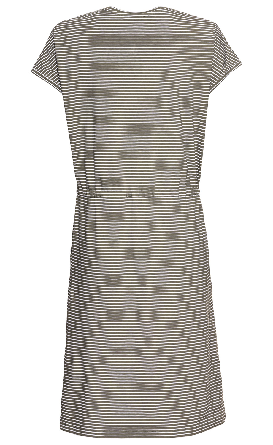 Baumwoll-Mix-Kleid hinten, kurzarm, tailliert, khakifarbener Stoff mit weißen horizontalen Streifen, rundhalsausschnitt, knielang, bequeme Passform