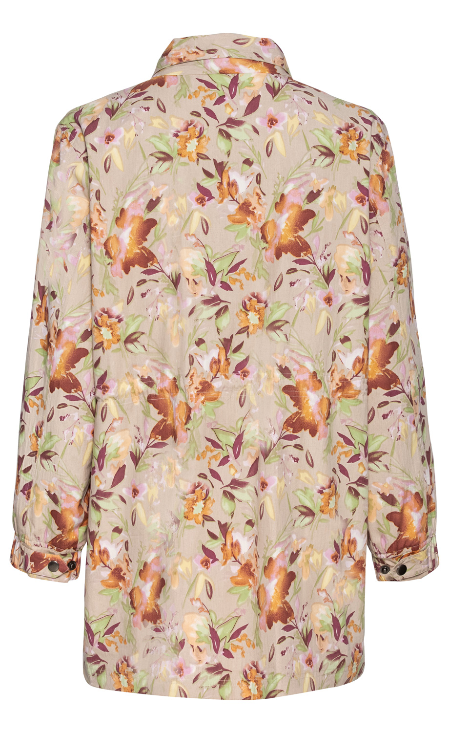 Rückansicht einer hellbeigen Baumwoll-Jacke mit buntem floralen Muster in Orange, Grün, Lila und Gelb, langärmlig mit Hemdkragen und Manschetten mit Knöpfen