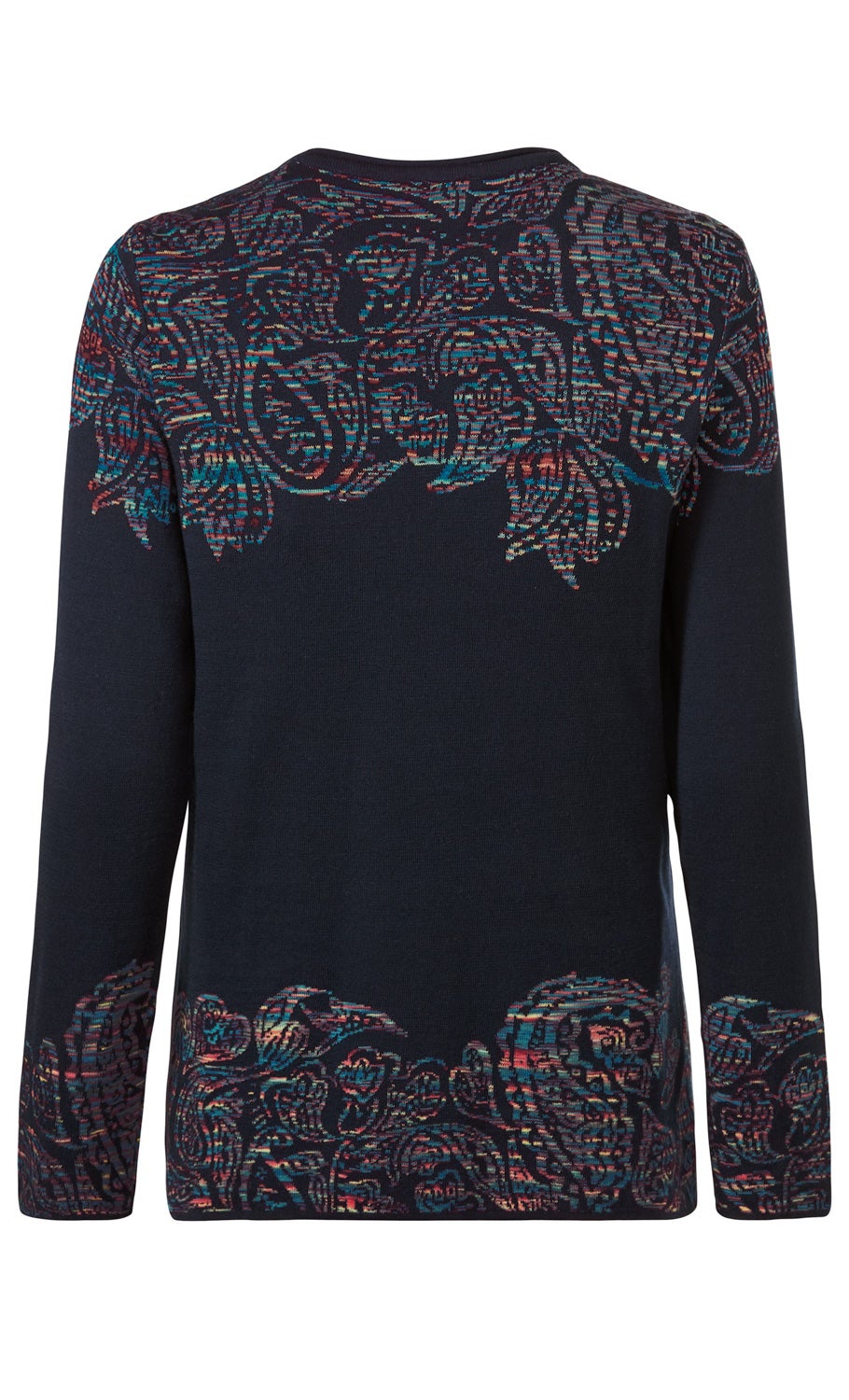 Dunkelblauer Baumwoll-Pullover mit langem Arm, Rückansicht, bunte abstrakte Muster an Schultern, Ärmeln und Saum in Rot, Blau und Orange, Rundhalsausschnitt, feiner Strick, gerade Passform