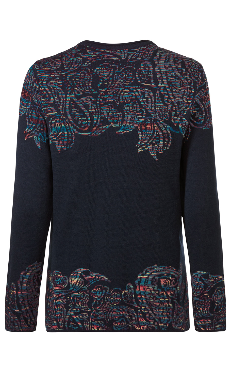 Dunkelblauer Baumwoll-Pullover mit langem Arm, Rückansicht, bunte abstrakte Muster an Schultern, Ärmeln und Saum in Rot, Blau und Orange, Rundhalsausschnitt, feiner Strick, gerade Passform