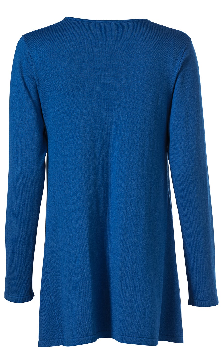 Blauer Viskose-Mix-Pullover, langärmlig, Rückansicht, locker geschnitten, gerader Saum, feine Strickstruktur, schlicht und unifarben, leichter Stoff, bequemes Basic für Alltag und Büro.