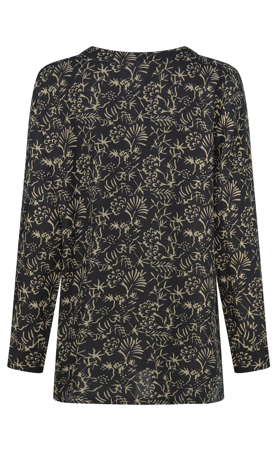 Damenlangarmshirt in Schwarz mit beigem floralem Muster, leichte Passform, rundhals, Rückansicht, keine weiteren Verzierungen oder Details sichtbar