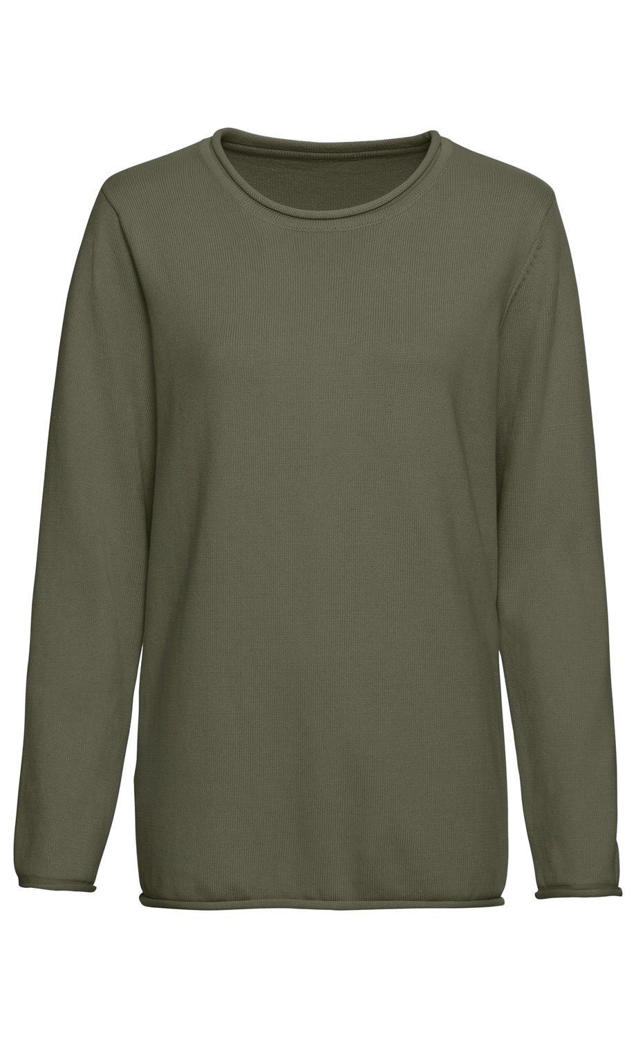 Olivgrüner Baumwoll-Pullover mit Rundhalsausschnitt und langen Ärmeln, schlichtes Design ohne Muster, gerade geschnittener Bund und Ärmelabschlüsse, strukturiertes Strickmuster sichtbar