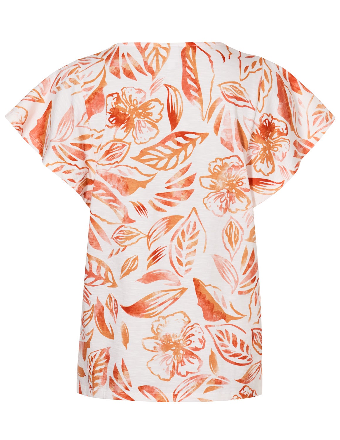 Baumwoll-Shirt Rückansicht mit kurzem, weitem Ärmel, weißer Grundfarbe und orange-rotem floralen Blattmuster in Aquarelloptik, locker geschnitten, leicht transparent