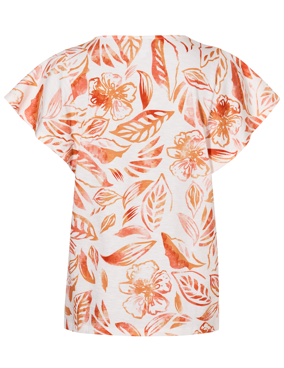 Baumwoll-Shirt Rückansicht mit kurzem, weitem Ärmel, weißer Grundfarbe und orange-rotem floralen Blattmuster in Aquarelloptik, locker geschnitten, leicht transparent