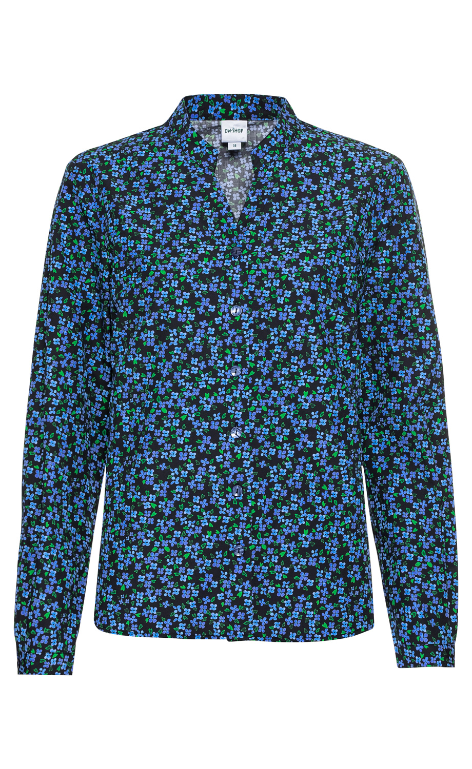 Baumwoll-Bluse mit blau-grünem Blumenmuster auf schwarzem Hintergrund, langärmlig, Knopfleiste vorne, Stehkragen, gerade geschnitten, leichte Taillierung, modisch und feminin
