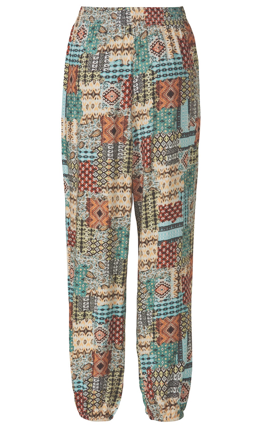 Viskose-Hose mit elastischem Bund und Bündchen, weiter Schnitt, gemusterter Stoff in Patchwork-Optik mit verschiedenen geometrischen und ethnischen Motiven in Beige, Rot, Türkis, Braun und Schwarz