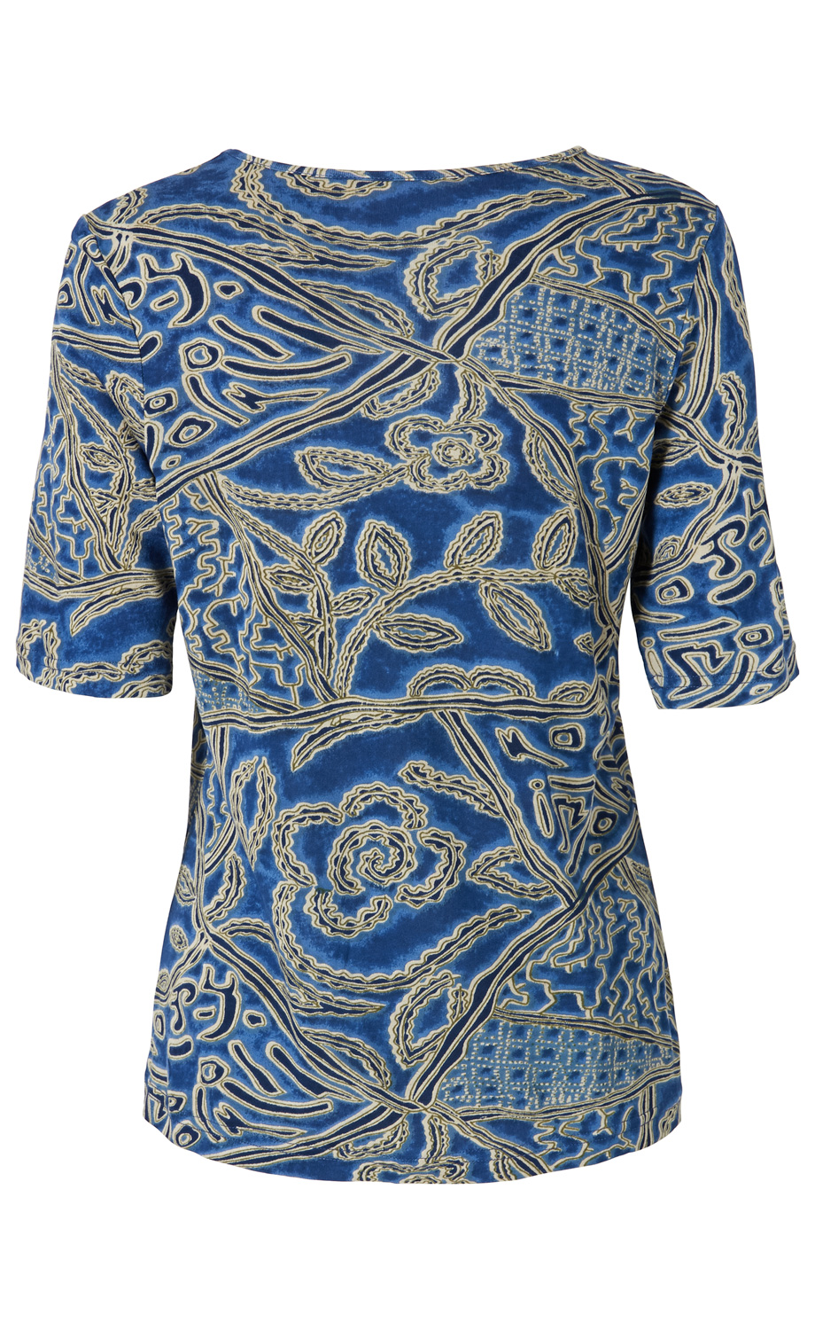 Viskose-Shirt in Blau mit kurzen Ärmeln, Rückansicht, gemustert mit floralen und abstrakten beigen Linien- und Blattmotiven, Rundhalsausschnitt, gerader Saum