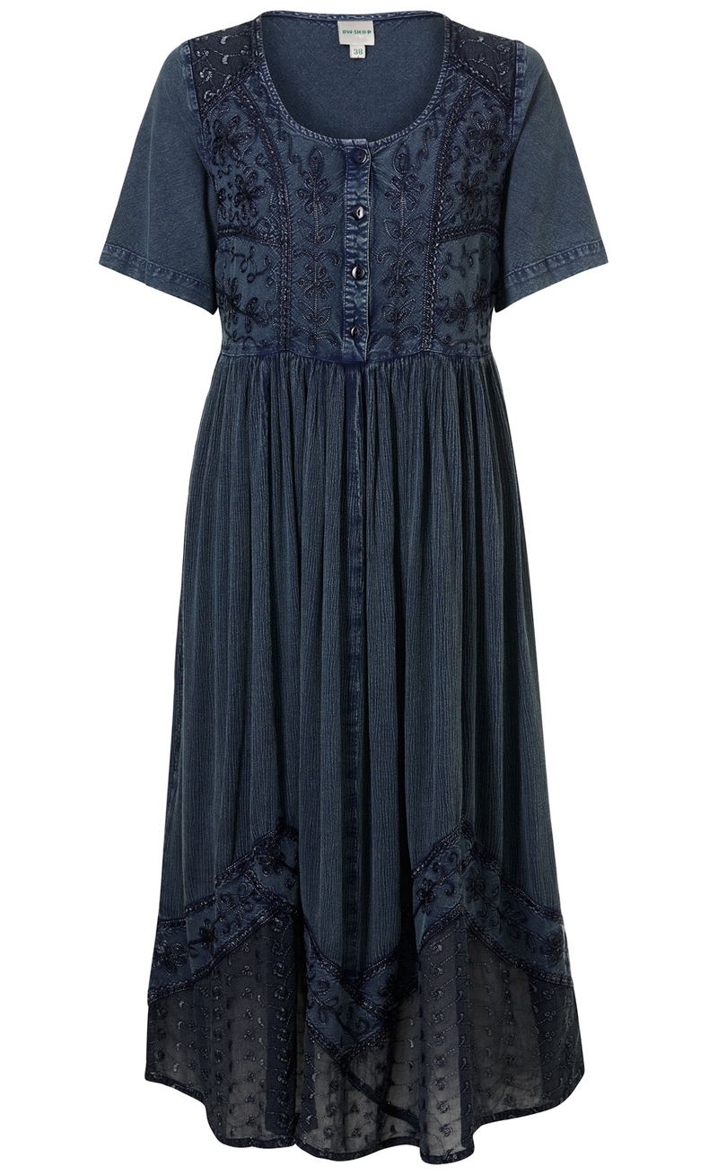 Dunkelblaues Viskose-Kleid mit kurzen Ärmeln, Knopfleiste vorne, besticktem Oberteil und unterem Saum mit transparenten, bestickten Details, lockerem, gerafftem Rockteil, Rundhalsausschnitt, Größe 38