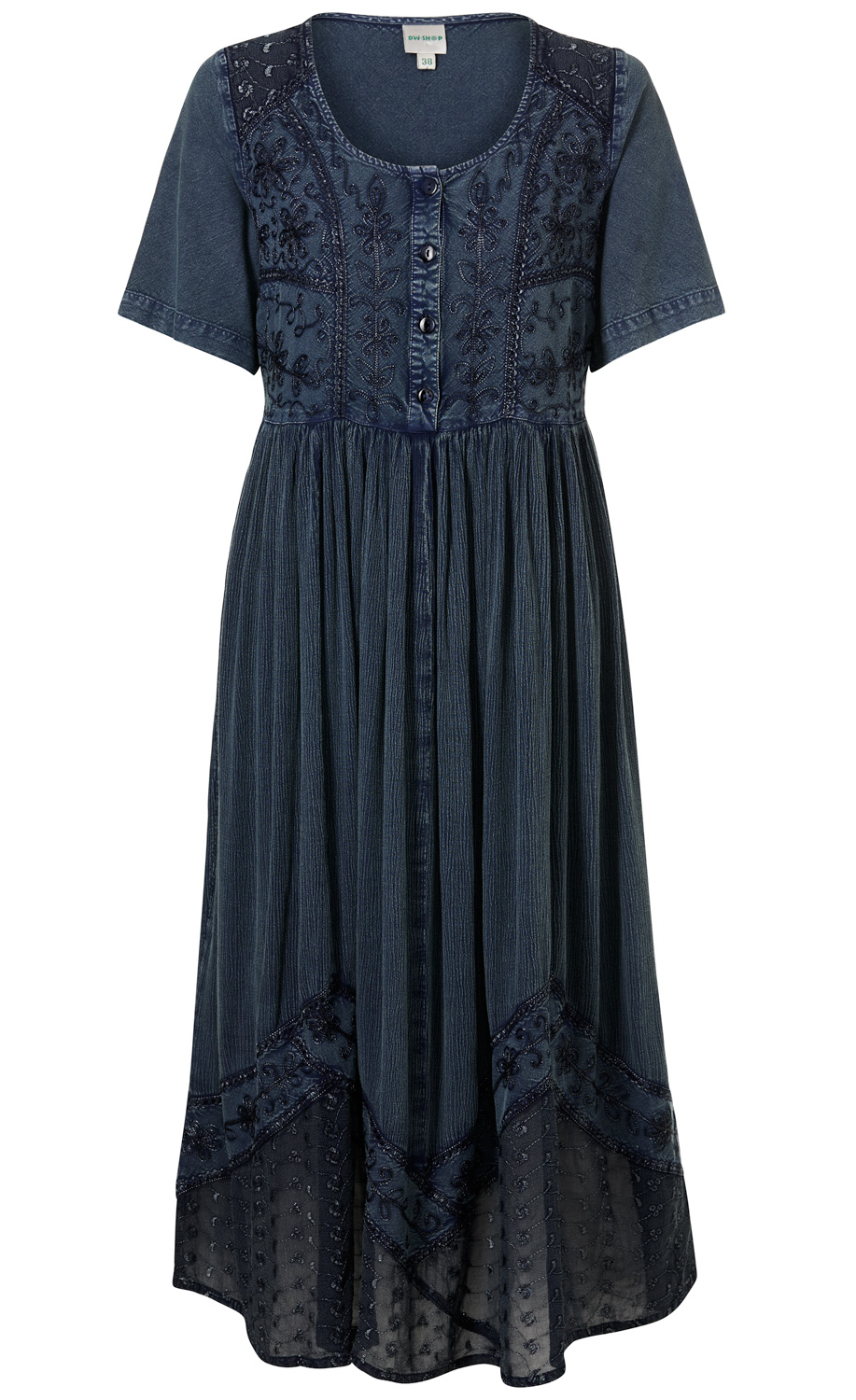 Dunkelblaues Viskose-Kleid mit kurzen Ärmeln, Knopfleiste vorne, besticktem Oberteil und unterem Saum mit transparenten, bestickten Details, lockerem, gerafftem Rockteil, Rundhalsausschnitt, Größe 38