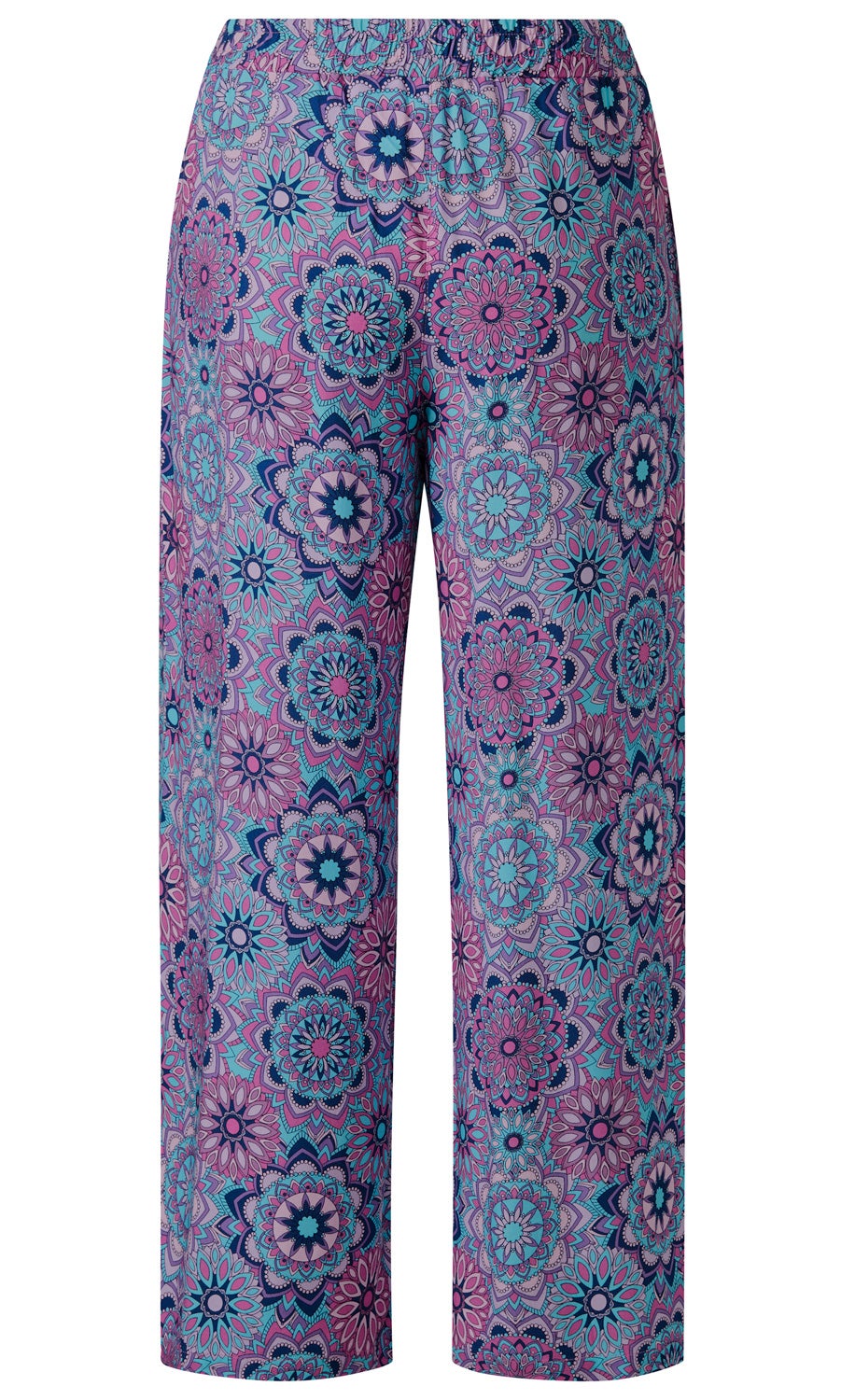 Viskose-Hose mit weitem Schnitt, elastischem Bund und buntem Muster aus floralen Mandalas in Blau-, Rosa- und Lilatönen auf weißem Hintergrund
