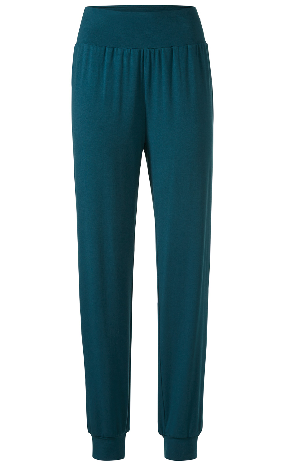 Dunkelblaue Viskose-Mix-Hose für Damen mit elastischem Bund, lockerer Passform und Bündchen am Beinabschluss, gerader Schnitt, weich fließender Stoff, komfortabel und vielseitig kombinierbar.