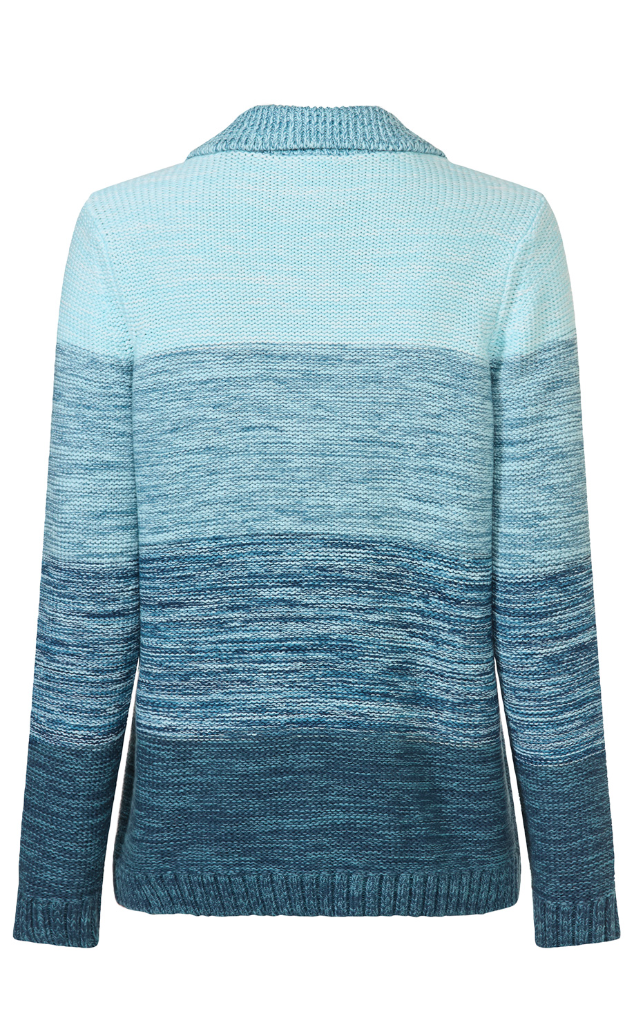 Baumwoll-Pullover in Ombré-Design mit langen Ärmeln, Rundhalsausschnitt und Farbverlauf von Hellblau zu Dunkelblau, Rückansicht, feine Strickstruktur, gerade Passform
