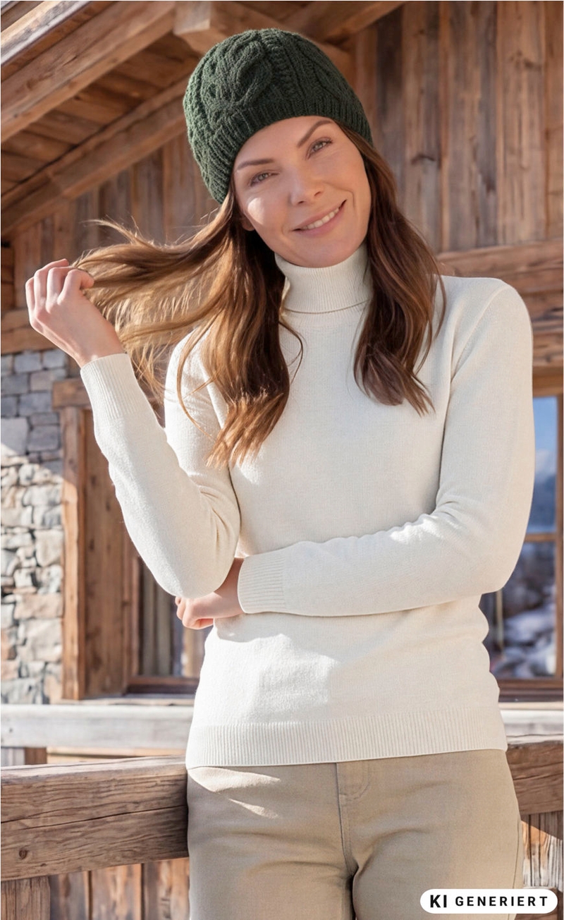Frau mit braunen Haaren und cremefarbenem Rollkragenpullover trägt grüne, grob gestrickte Alpaka-Mütze, steht vor rustikalem Holzhaus mit Steinmauer, lächelt und hält Haare spielerisch in der Hand.