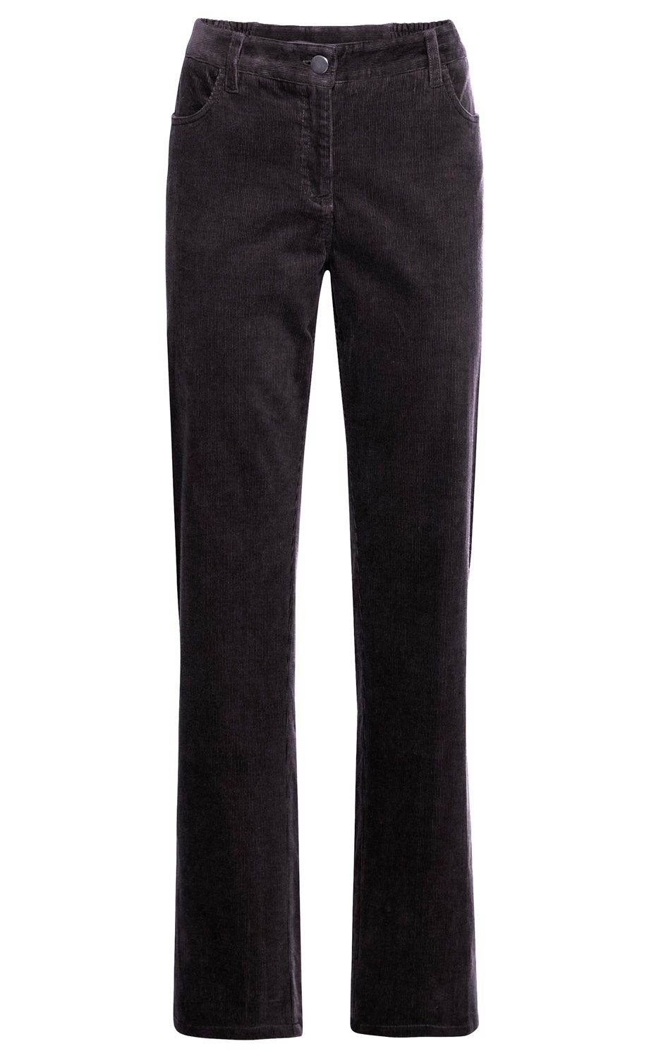 Baumwoll-Hose aus schwarzem Cordstoff, gerade geschnitten, mit Gürtelschlaufen, zwei Seitentaschen, Knopf- und Reißverschluss vorne, klarer Schnitt ohne Muster oder Verzierungen.