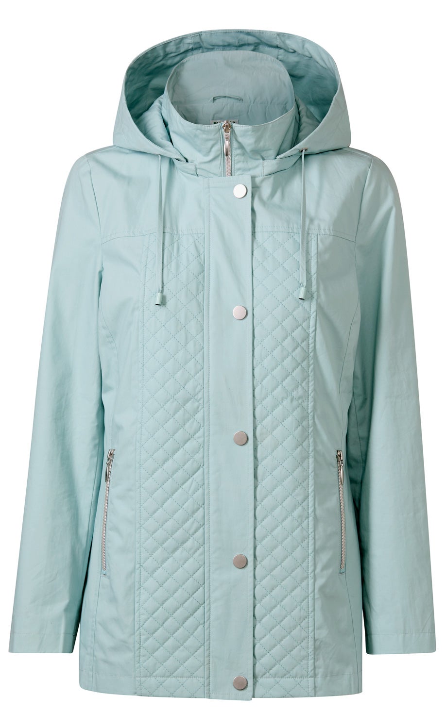 Hellblaue Baumwoll-Jacke mit Kapuze, geradem Schnitt, durchgehendem Reißverschluss und Druckknöpfen, seitlichen Reißverschlusstaschen, abgesteppten Ziernähten auf der Vorderseite und Tunnelzug an der Kapuze