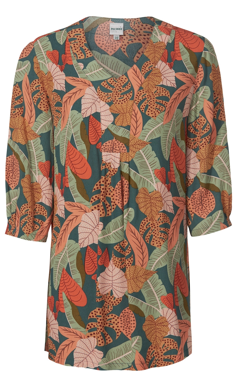 Viskose-Bluse mit buntem Blattmuster in Orange, Grün, Braun und Beige, V-Ausschnitt, 3/4-lange Ärmel, lockere Passform, Größe 38, farbenfrohes Design auf grünem Hintergrund
