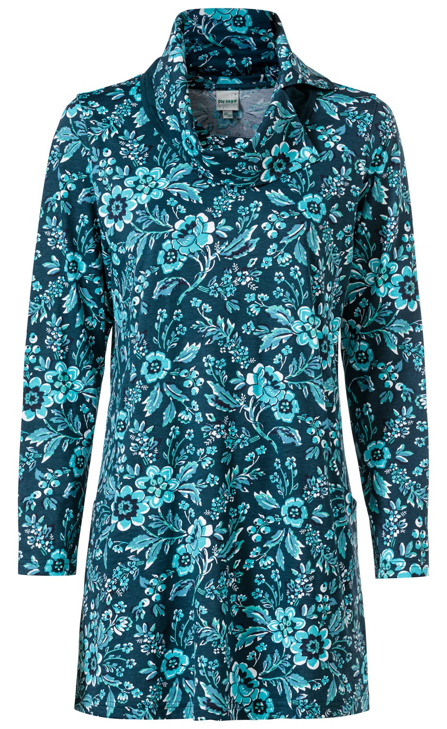 Blaues Baumwoll-Shirt mit langem Arm, weitem Rollkragen und floralem Muster in verschiedenen Türkis- und Weißtönen, leicht tailliert, Länge bis etwa zur Hüfte.