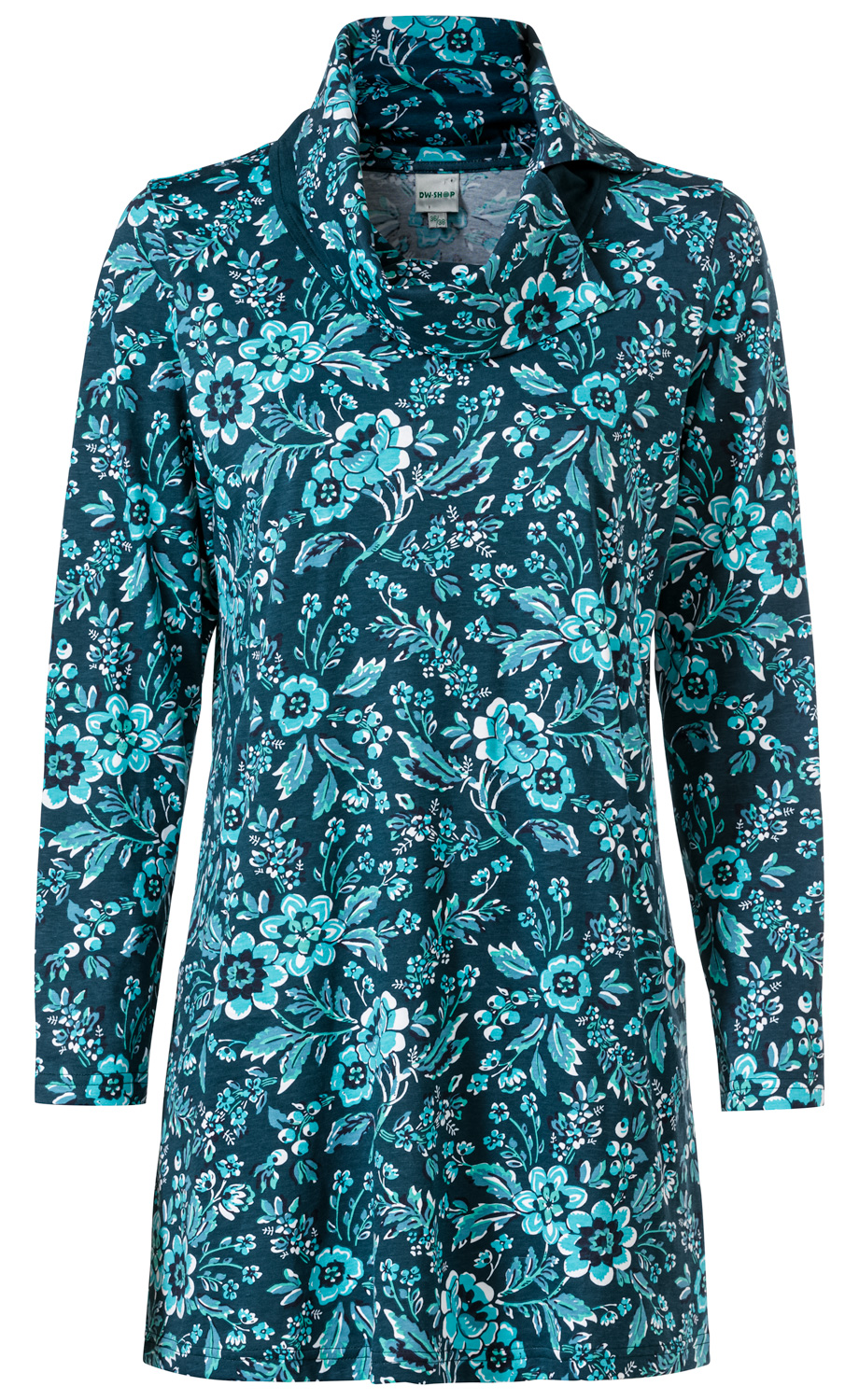 Blaues Baumwoll-Shirt mit langem Arm, weitem Rollkragen und floralem Muster in verschiedenen Türkis- und Weißtönen, leicht tailliert, Länge bis etwa zur Hüfte.