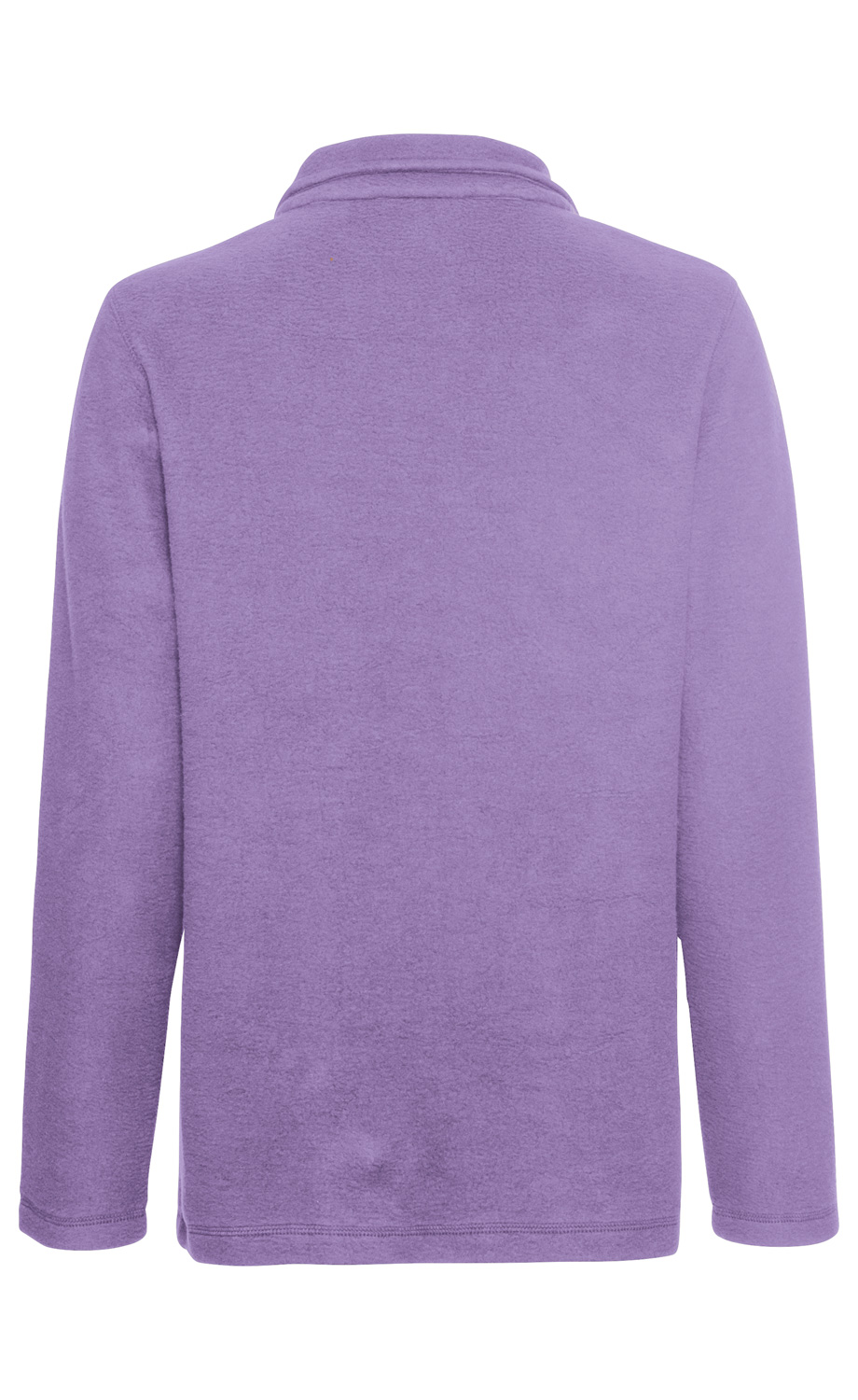 Baumwoll-Fleece-Jacke in Flieder, Rückansicht, langärmlig, mit Stehkragen, weiche Fleecematerialstruktur, schlichtes Design ohne sichtbare Nähte oder Verzierungen