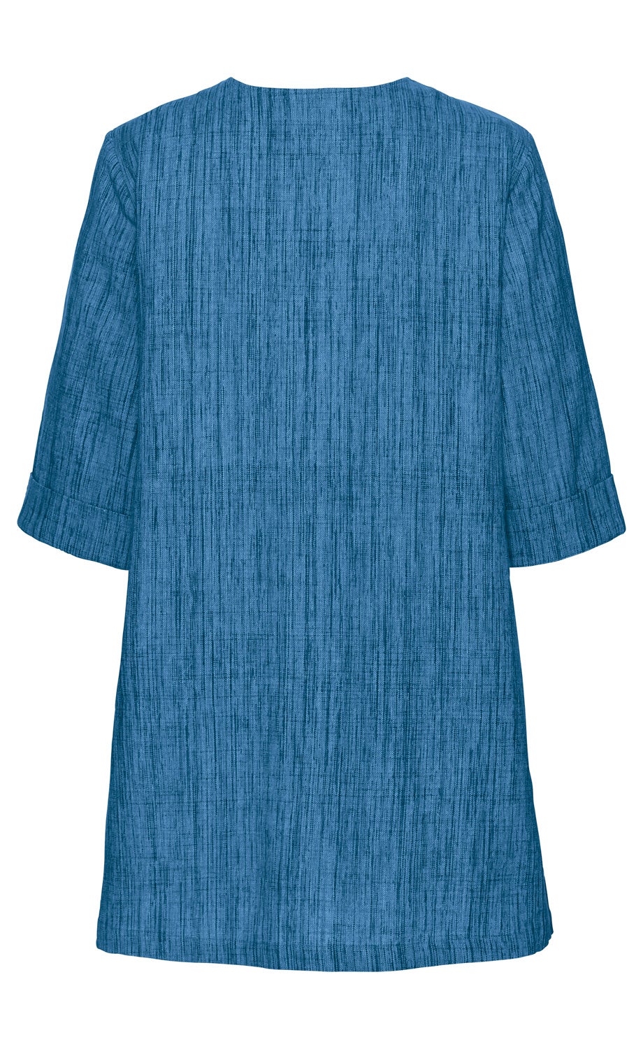 Rückansicht einer blauen Baumwoll-Schlupfbluse mit 3/4 langen Ärmeln und umgeschlagenen Manschetten, leicht tailliert, mit feinem Rippenstruktur-Muster