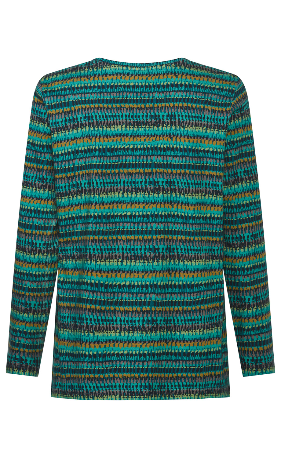 Langärmliges Damenoberteil mit abstraktem horizontalem Muster in Türkis, Gelb und Grau, Rundhalsausschnitt, gerade geschnitten, einfacher Stoff, Rückansicht, farbenfrohes Design