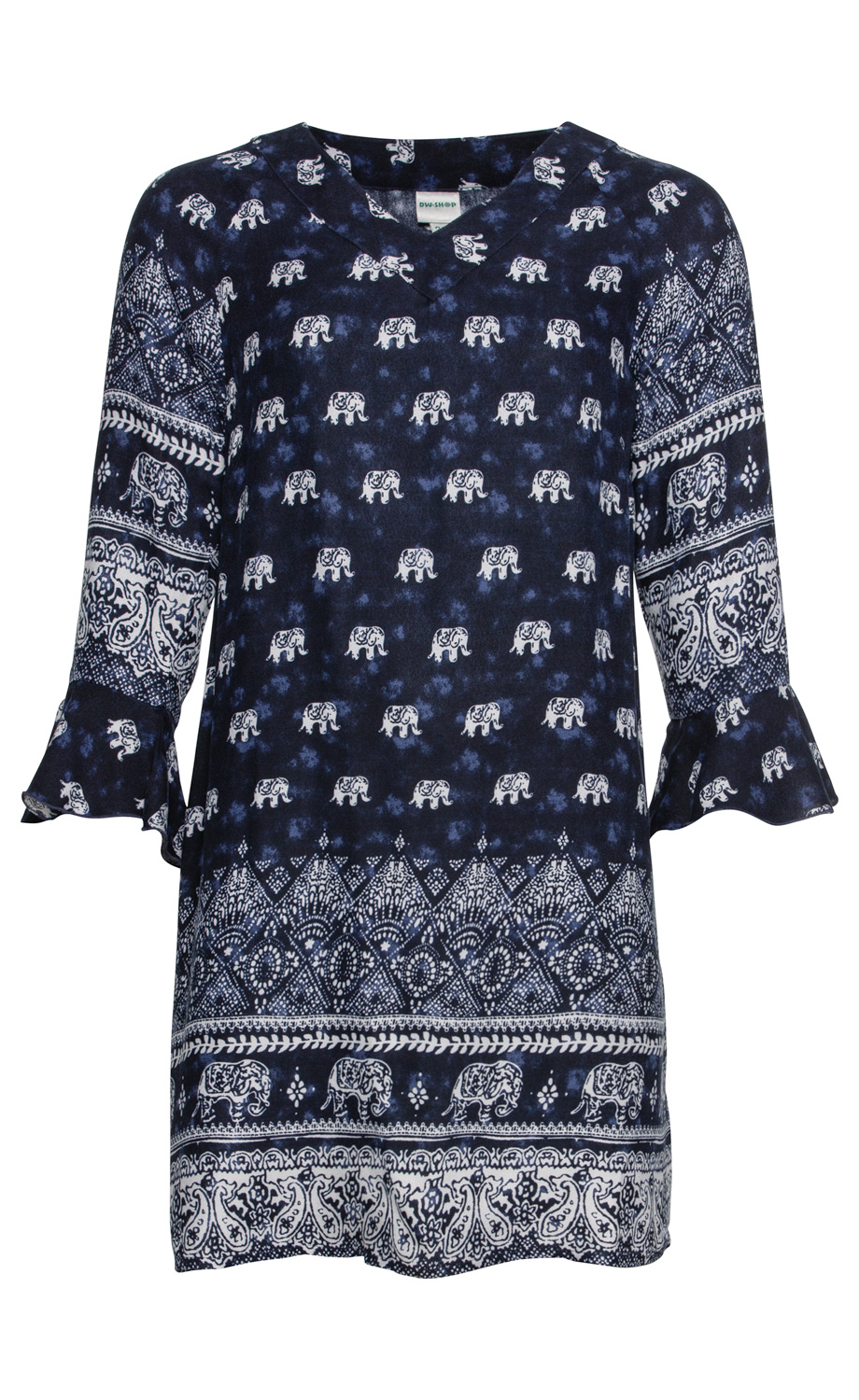 Dunkelblaue Viskose-Tunika mit weißem Elefanten- und Paisley-Muster, 3/4-Ärmeln mit Volant, V-Ausschnitt, gerade geschnitten, locker sitzend