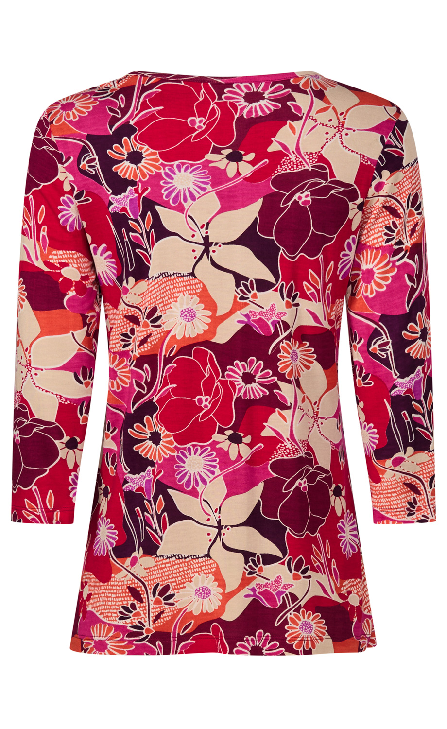 langärmliges Damenoberteil mit rundem Ausschnitt, florales Muster in rot, pink, beige und orange, verschiedene Blumenarten, stilisiert, harmonische Farbkombination, Rückansicht