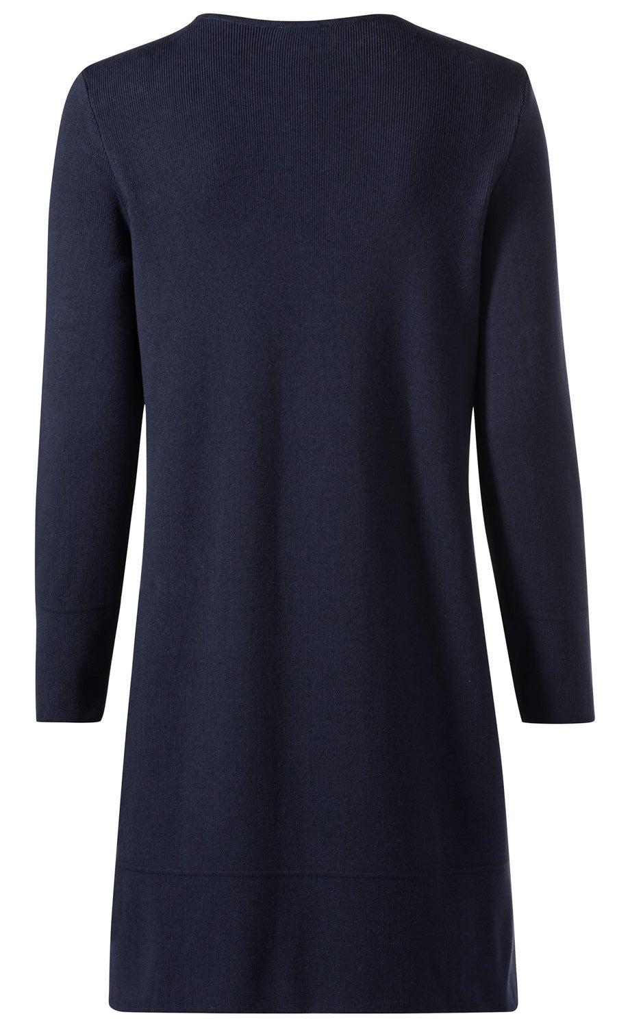 Baumwoll-Mix-Kleid navyblau, langärmlig, gerade geschnitten, schlichter Rücken, mittellang, gerippter Rundhalsausschnitt, feiner Strickstoff