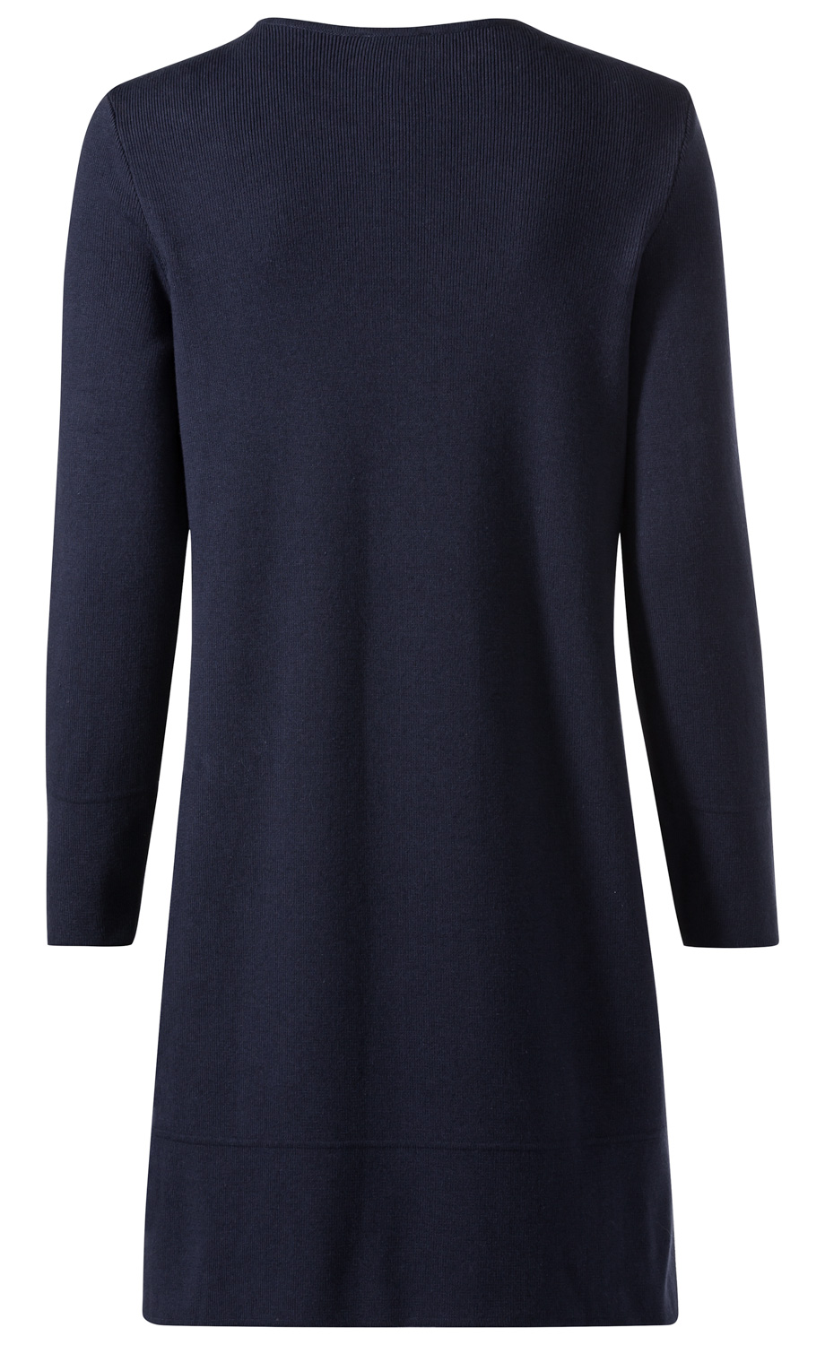 Baumwoll-Mix-Kleid navyblau, langärmlig, gerade geschnitten, schlichter Rücken, mittellang, gerippter Rundhalsausschnitt, feiner Strickstoff
