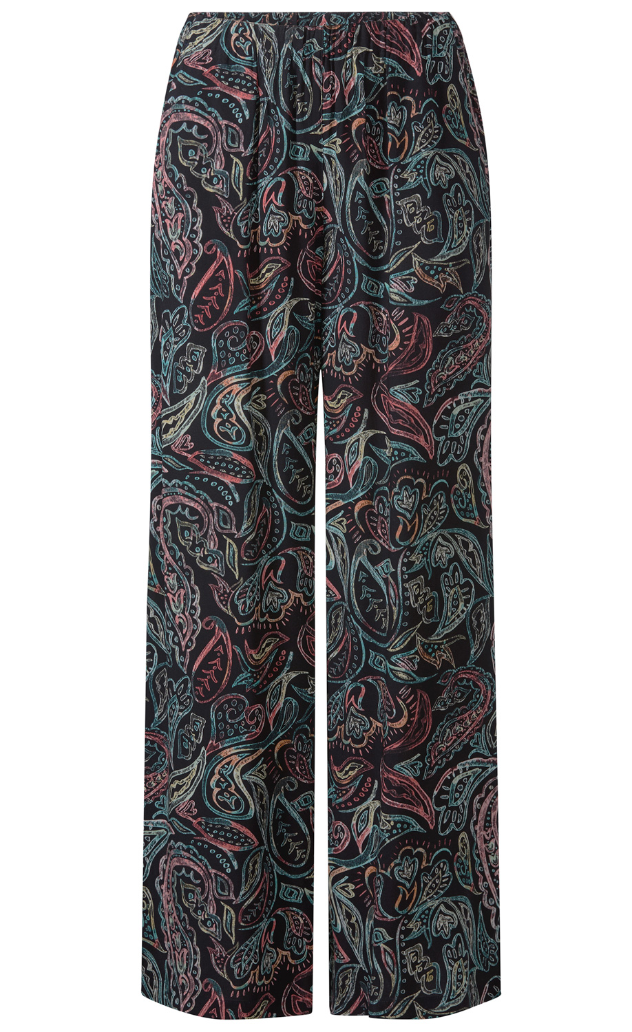 Viskose-Hose mit weitem Bein, schwarzer Grundfarbe, bunter Paisley-Print in Rot-, Blau- und Beigetönen, elastischem Bund, fließender leichter Stoff, legere Passform