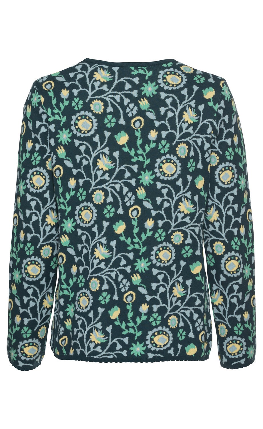 Baumwoll-Pullover dunkelgrün mit langem Arm, komplett mit gelb-grün-blauen floralen Mustern bedruckt, Rundhalsausschnitt, Rückansicht