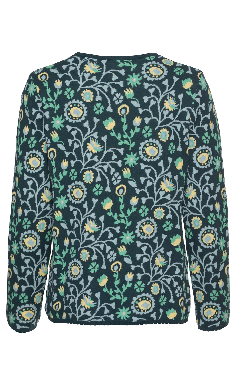 Baumwoll-Pullover dunkelgrün mit langem Arm, komplett mit gelb-grün-blauen floralen Mustern bedruckt, Rundhalsausschnitt, Rückansicht