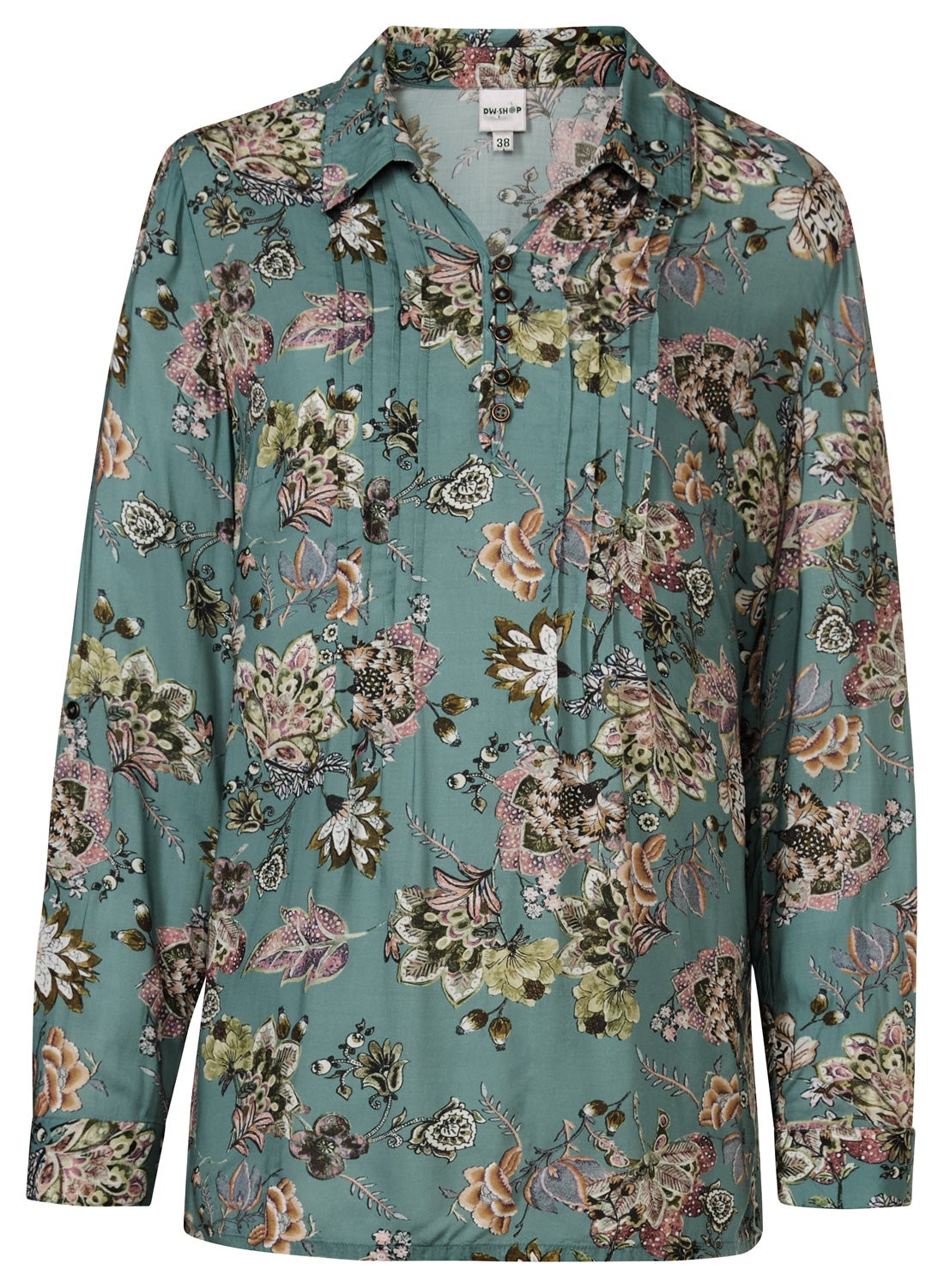 Modal-Bluse aus weichem Modal mit floralem Muster in Grün, Beige, Rosa und Braun, langärmlig, mit Hemdkragen, Knopfleiste vorne und schmalen Falten am Vorderteil.
