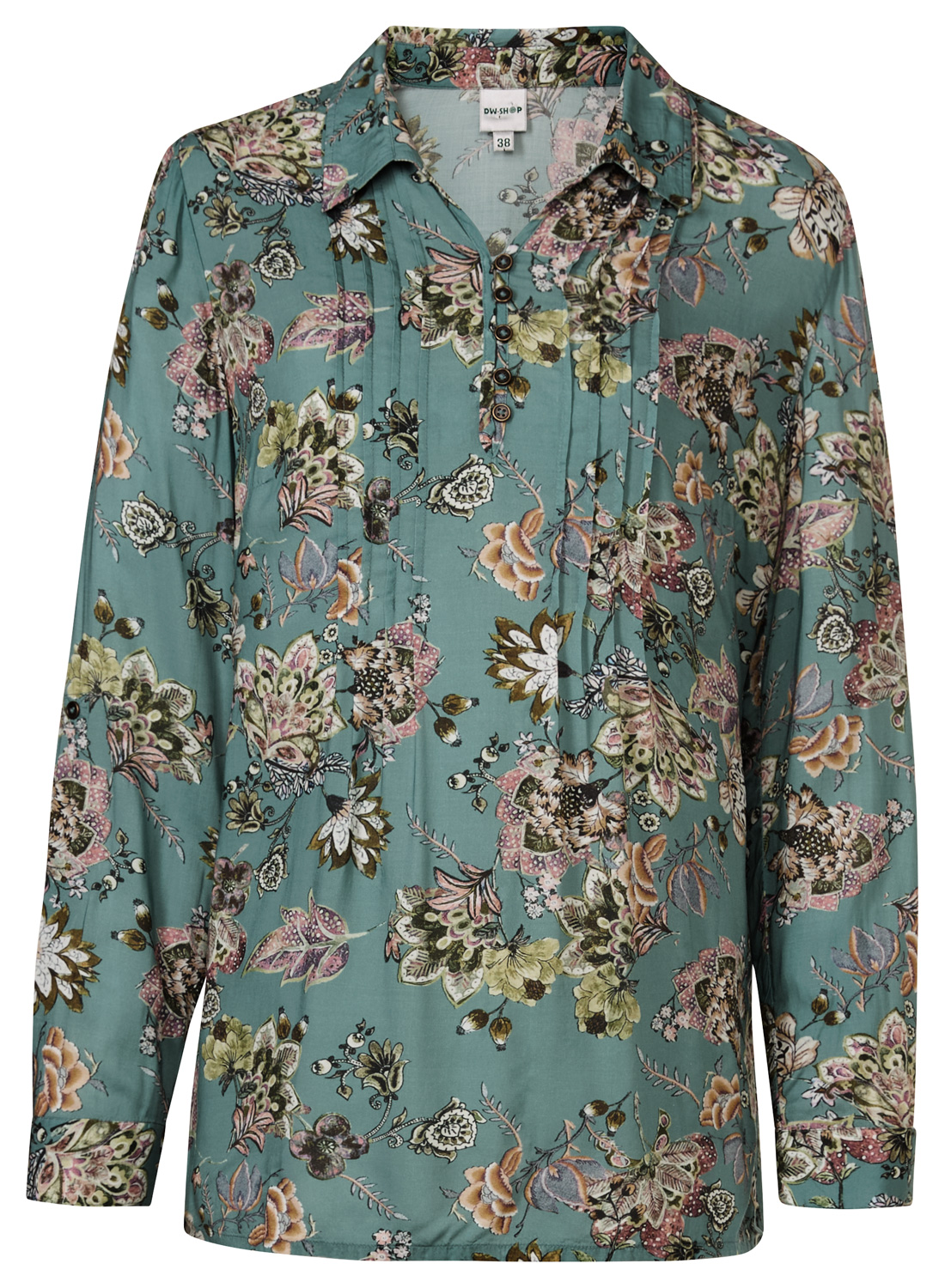 Modal-Bluse aus weichem Modal mit floralem Muster in Grün, Beige, Rosa und Braun, langärmlig, mit Hemdkragen, Knopfleiste vorne und schmalen Falten am Vorderteil.