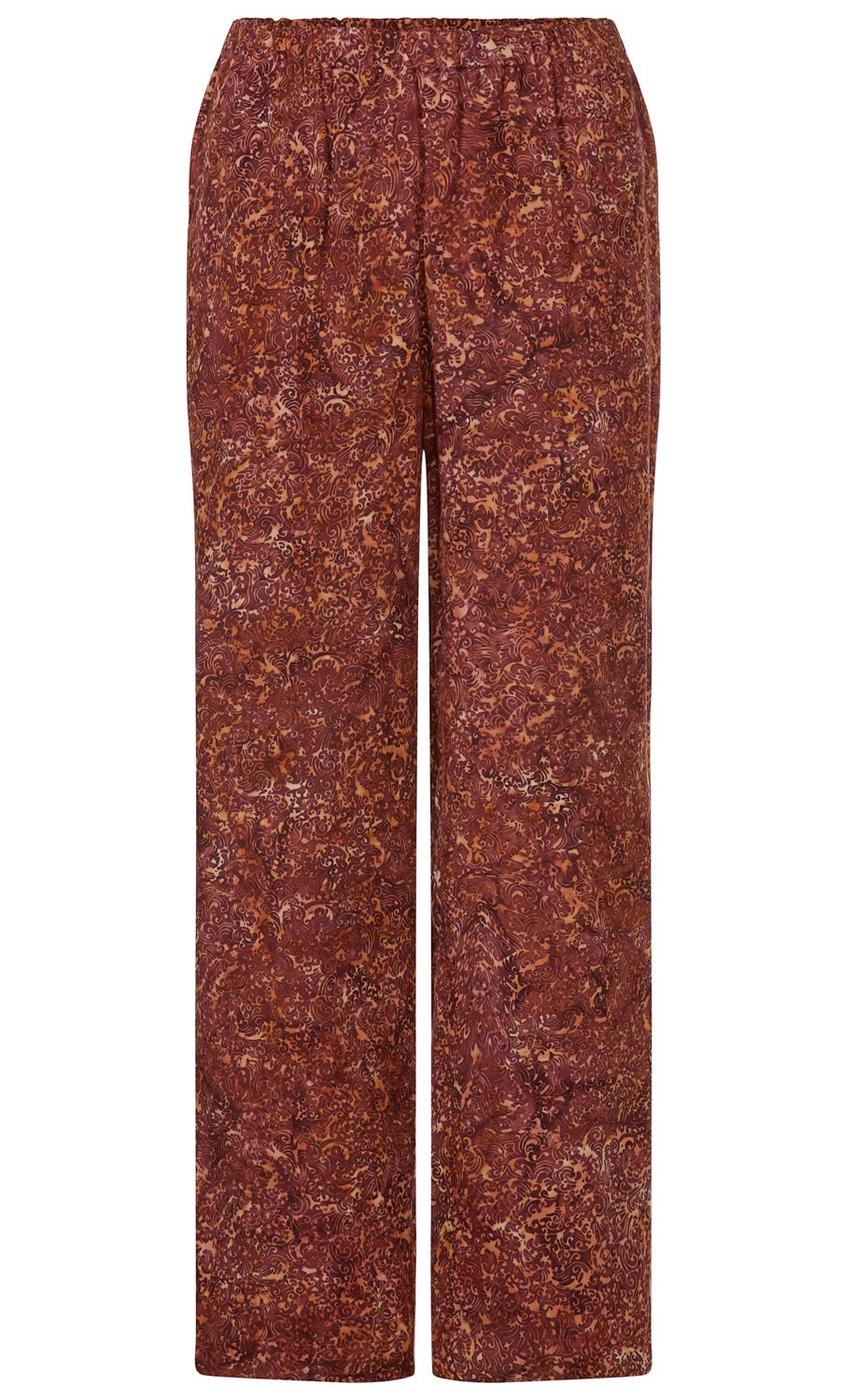 Viskose-Hose mit elastischem Bund, weiter Schnitt, braun mit beigem und dunklem abstraktem Muster, fließendes Material, locker sitzend