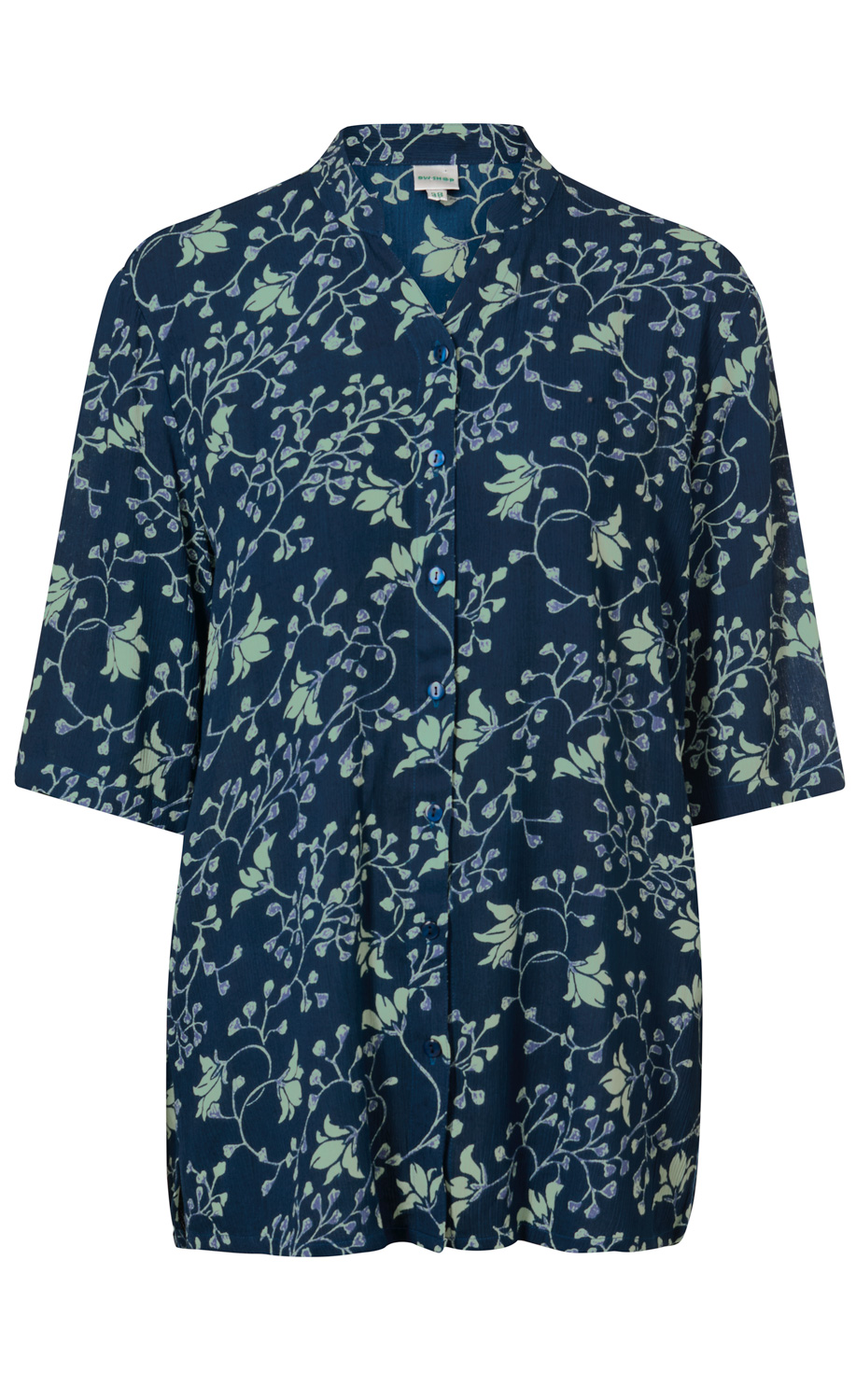 Dunkelblaue Viskose-Bluse mit kurzem Arm, Stehkragen und Knopfleiste, florales Muster in Hellgrün und Hellblau, lockere Passform