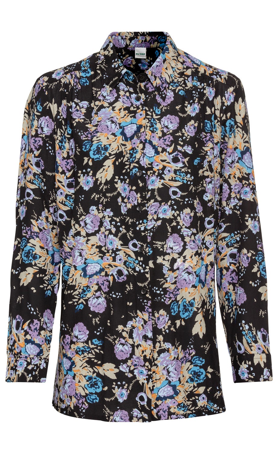 Viskose-Bluse mit langem Arm, schwarzgrundig, durchgehende Knopfleiste, florales Muster in Blau, Lila und Beige, Hemdblusenkragen, leichte Stoffstruktur