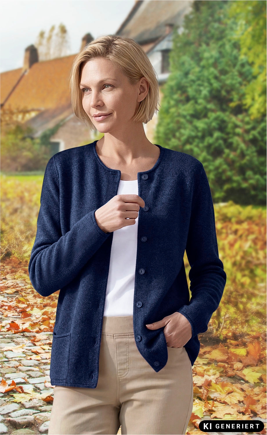 Frau trägt dunkelblaue Merino-Mix-Strickjacke mit Knöpfen, kombiniert mit weißem Shirt und beige Hose, steht draußen auf gepflastertem Weg mit herbstlich gefärbtem Laub und Häusern im Hintergrund